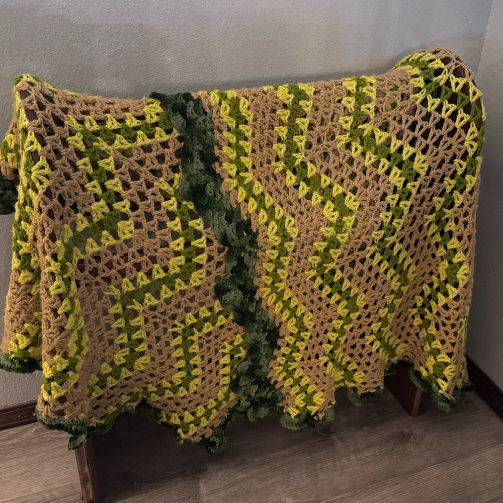 Vintage Handmade Crochet Blanket in Green and Yellow